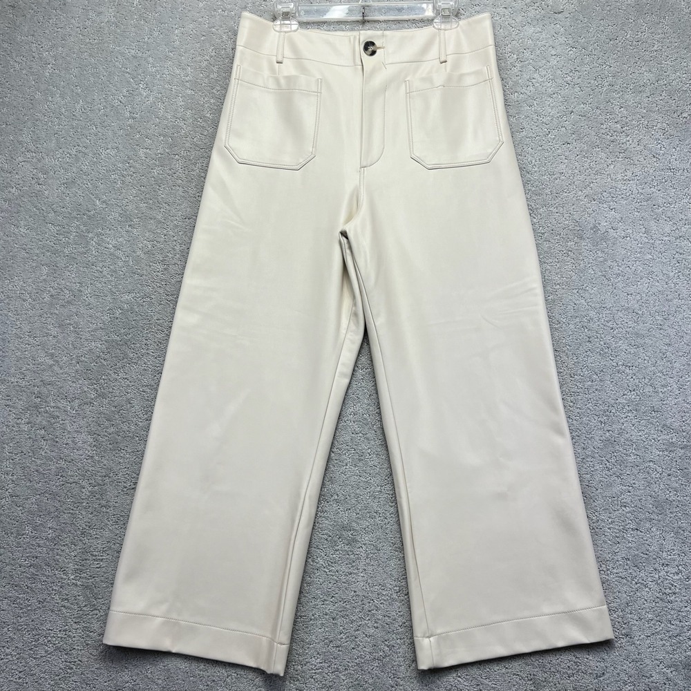 Maeve Anthropologie Pants Womens Size 31 Cream The Colette Faux Leather Wide Leg
